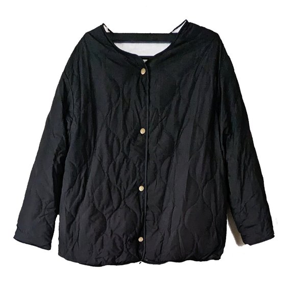 SHEWIN Black Sherpa Puffer Jacket for Women Button Down Reversible Quilted Med - Picture 2 of 8
